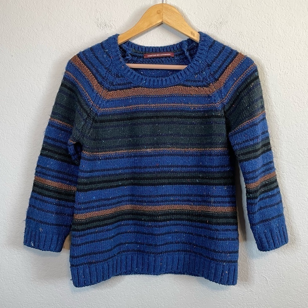 Comptoir des Cotonniers Wool Alpaca Blend Blue Stripe Cozy Sweater Top Sze Small